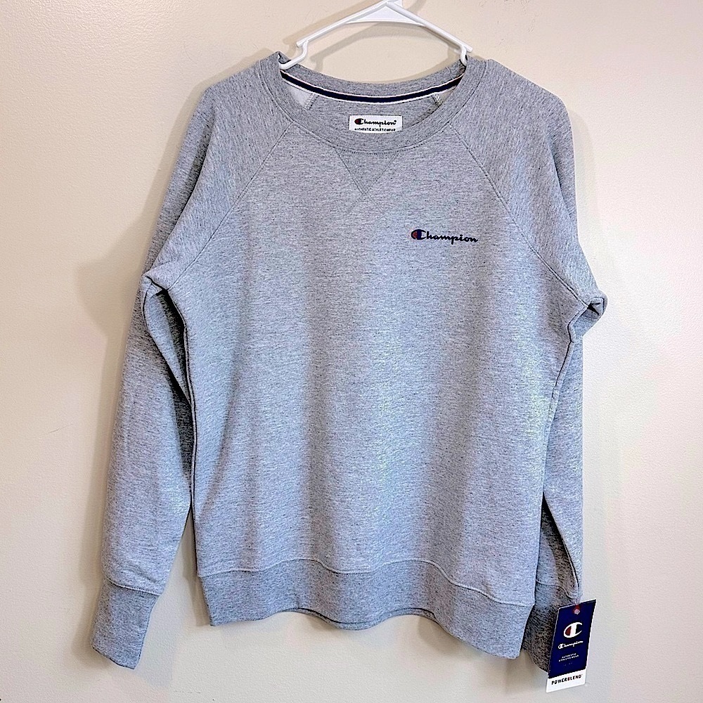 NWT Champion Powerblend Crewneck Script Logo Oxford Grey Sweatshirt Size Medium - Picture 2 of 16